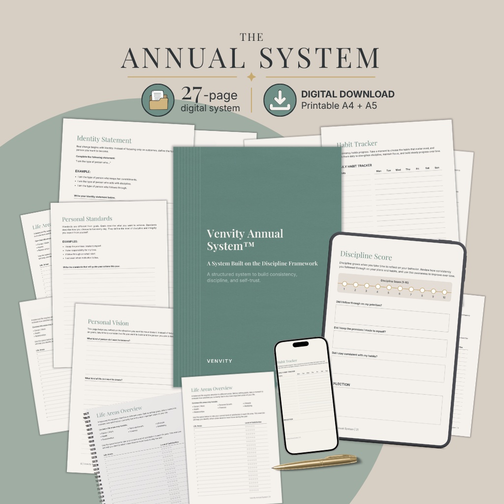 Venvity Annual System — 27-page digital download, printable A4 and A5, complete system flat lay mockup