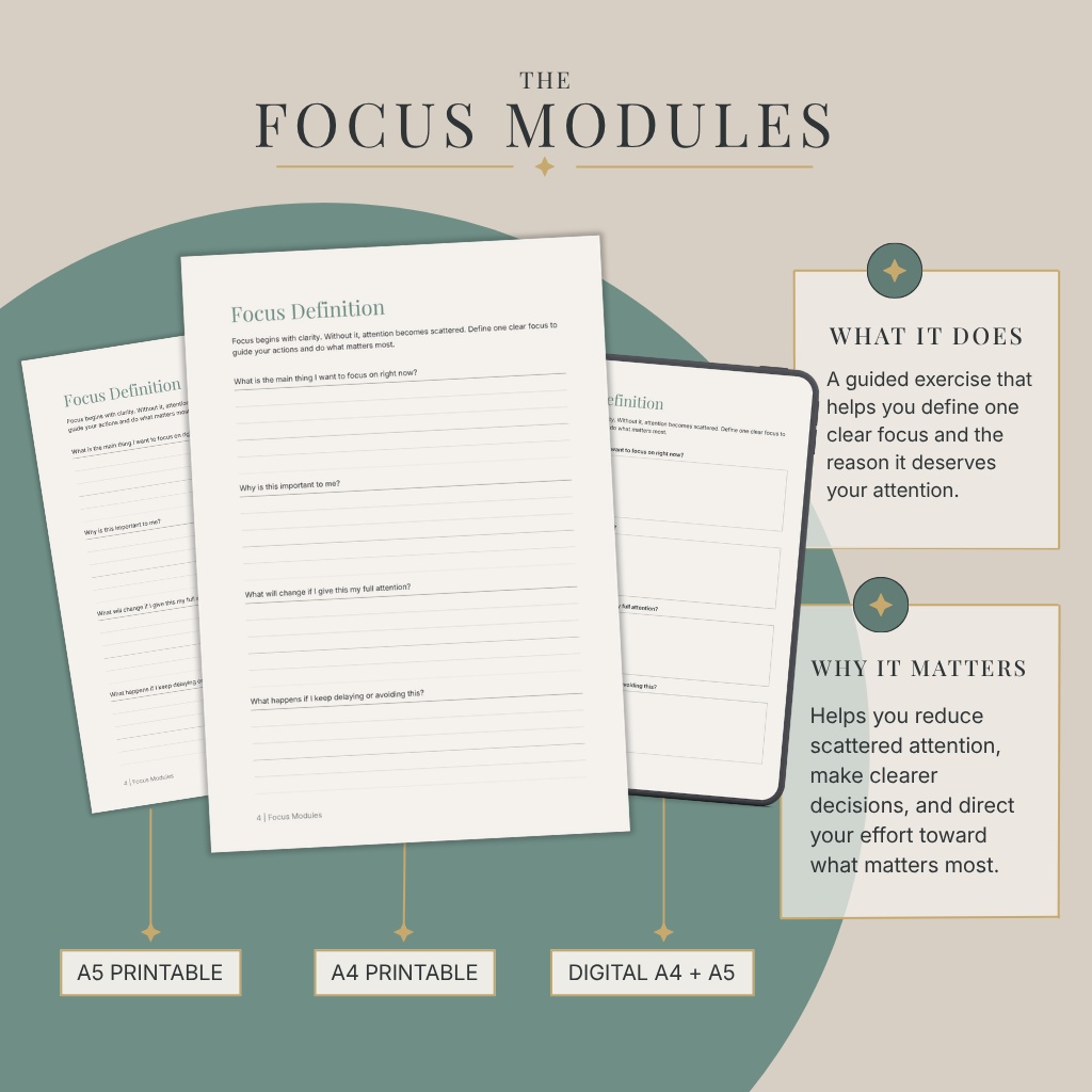 Focus Modules — Focus Definition page, A5 printable, A4 printable, and digital tablet mockup