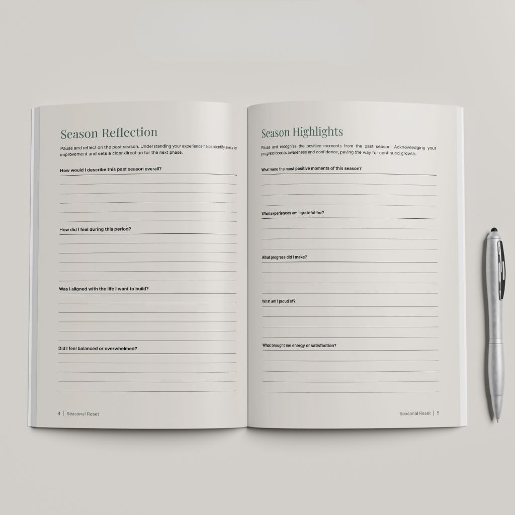 The Seasonal Reset — Season Reflection and Season Highlights pages with pen
