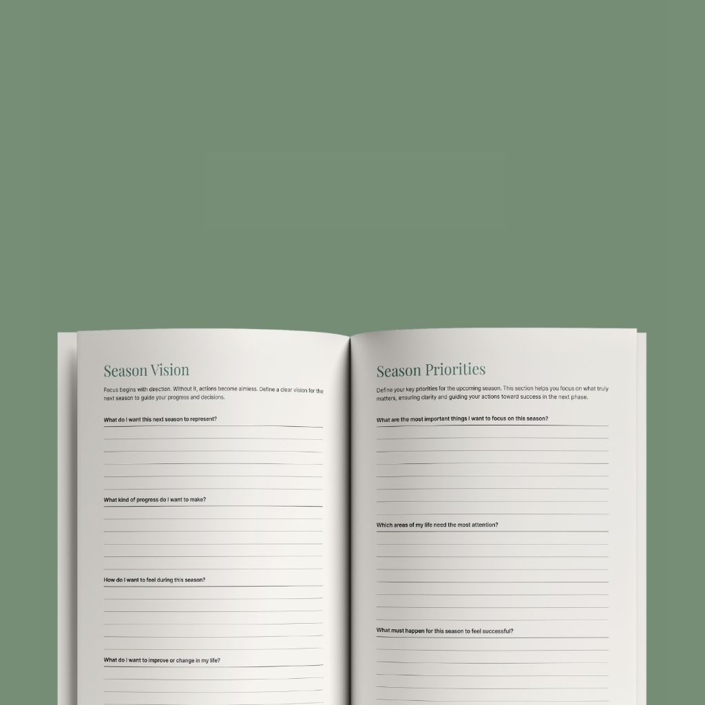 The Seasonal Reset — Season Vision and Season Priorities pages on sage green background