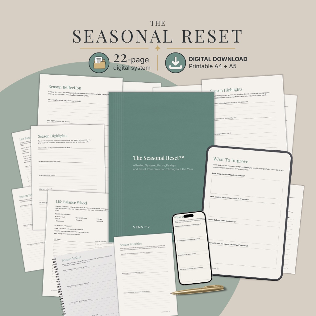 The Seasonal Reset — 22-page digital system flat lay, cover, tablet, phone, pen, and printed pages